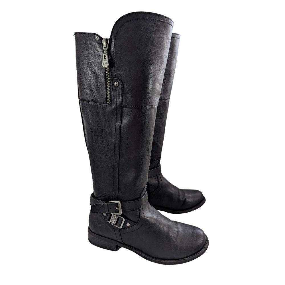 NWOT-1 SHOW! G BY GUESS! BLACK VEGAN LEATHER MOTO/BIKER 2 ZIPPER BOOTS! SZ 8M